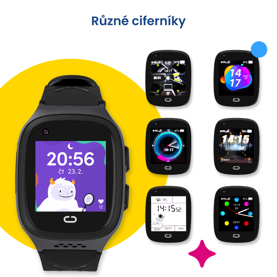 Obrázek ukazuje různé ciferníky dětských hodinek KLOKI, které si dítě může vybrat a přizpůsobit podle svého vkusu a nálady. Na výběr je několik moderních a hravých designů, od jednoduchých digitálních až po barevné a animované varianty.