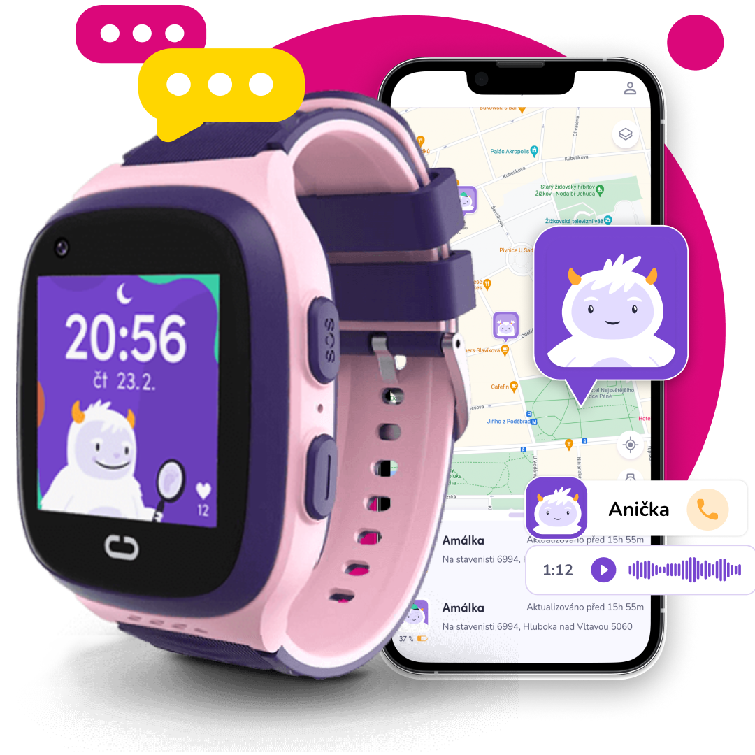 Růžové dětské hodinky KLOKI s mobilní aplikací pro rodiče Findee Kids – ukázka volání a sledování polohy dítěte