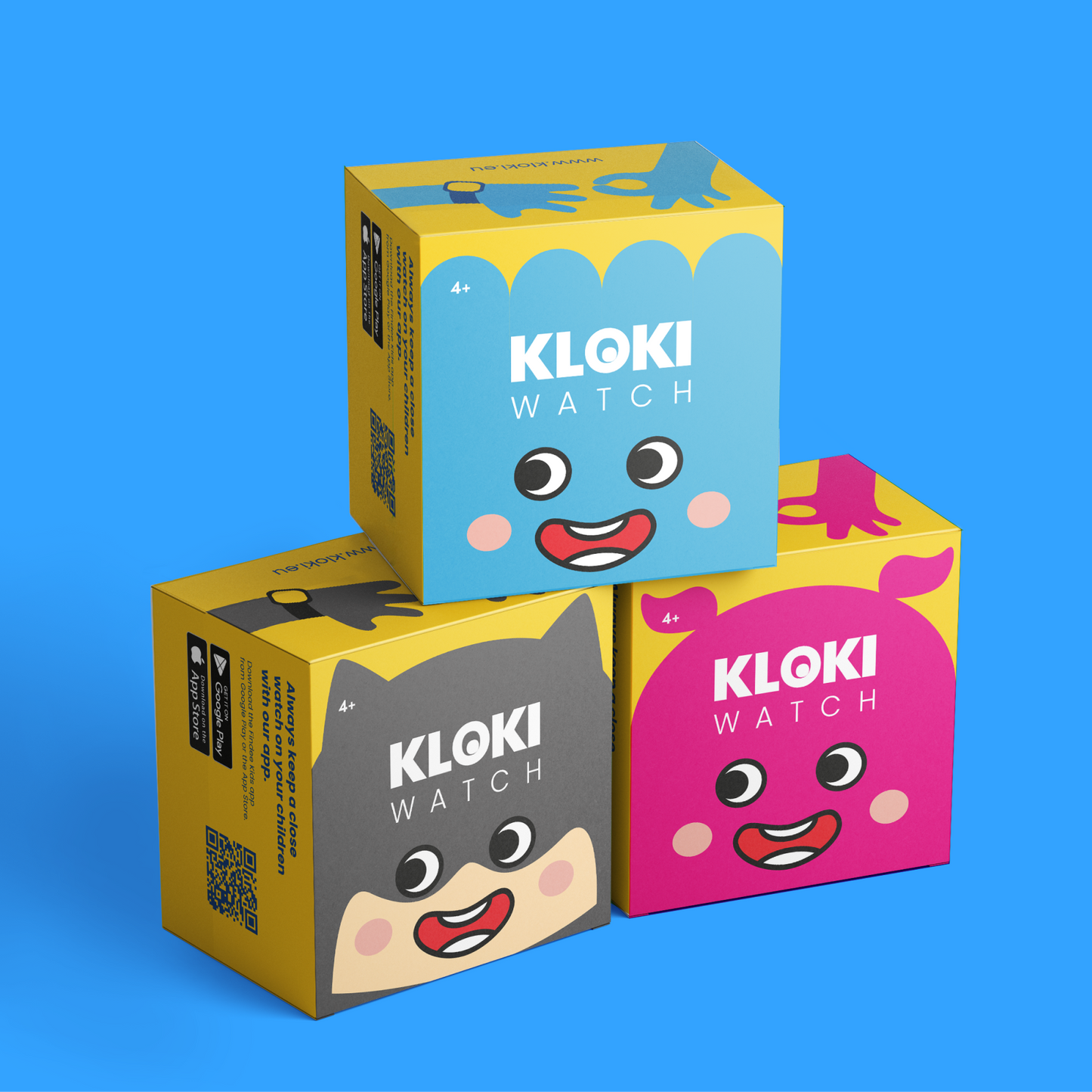 Tři krabičky dětských hodinek KLOKI poskládané do pyramidy na modrém pozadí. Každá krabička má veselý obličej s očima a širokým úsměvem. Vrchní krabička je modrá s motivem chobotnice, spodní levá je černá s motivem netopýra a spodní pravá růžová s motivem zajíce. Balení má hravý design a označení pro děti 4+.