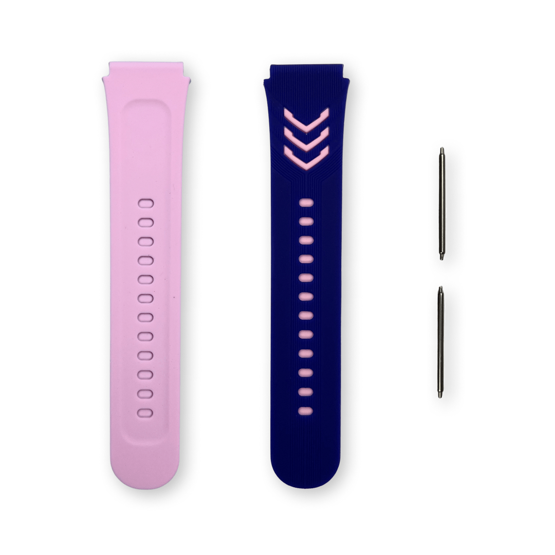 Silikonový řemínek na chytré hodinky - světle růžová a tmavě modrá s růžovými detaily. Součástí jsou dvě kovové osičky pro upevnění k hodinkám.