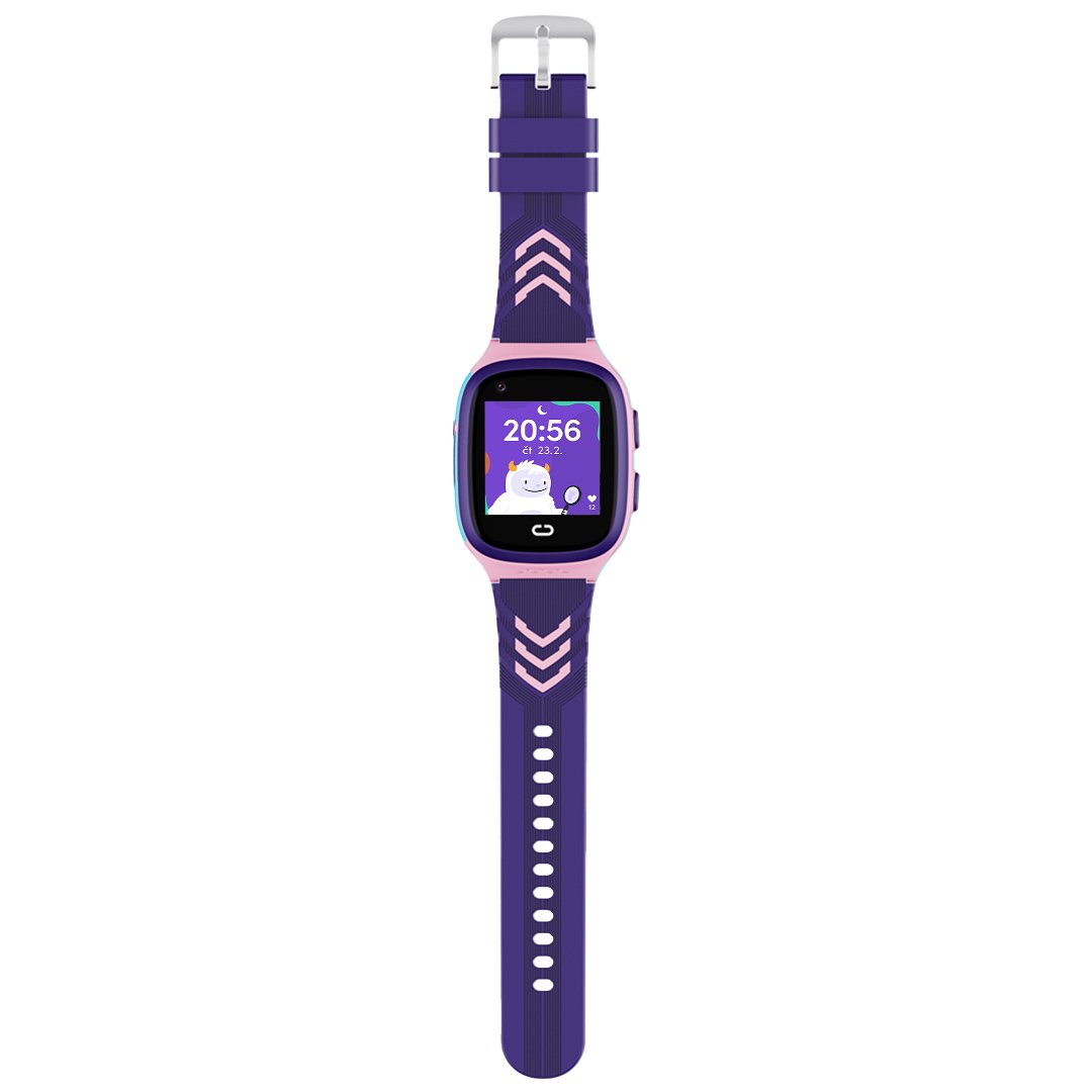Chytré dětské hodinky KLOKI s růžovým tělem a tmavě fialovým silikonovým řemínkem s růžovými detaily a kovovou přezkou.