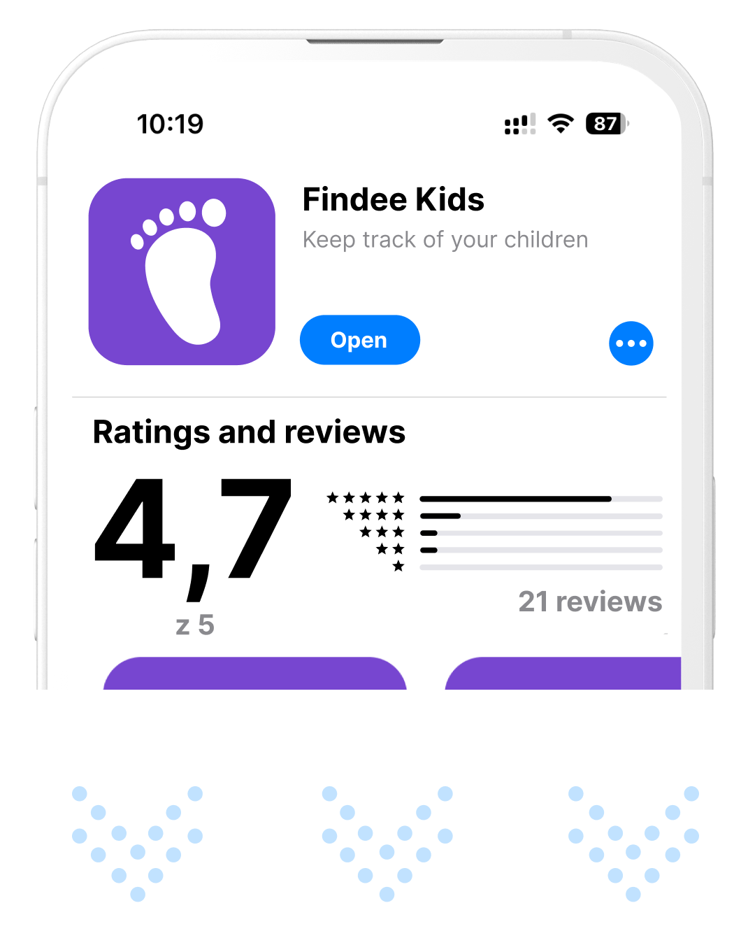 Mobilní aplikace Findee Kids – hodnocení 4,7 z 5 v App Store, náhled s ikonou a recenzemi uživatelů
