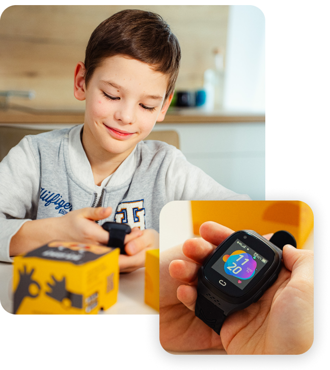 Chlapec rozbaluje chytré hodinky KLOKI, detailní pohled na zapnutý displej s barevným ciferníkem