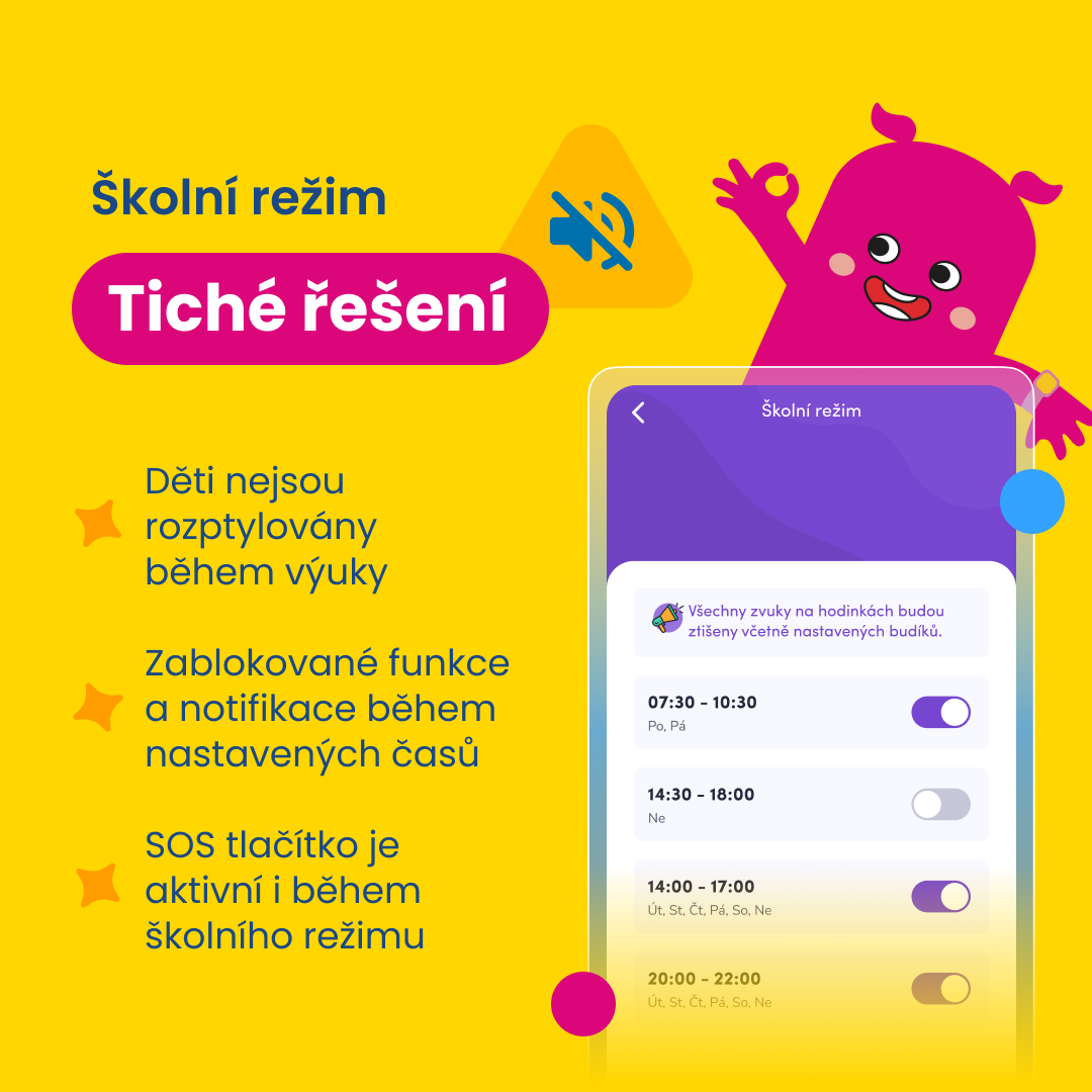 Grafika představující školní režim dětských hodinek KLOKI s názvem „Tiché řešení“. Na žlutém pozadí je zobrazen přehled hlavních funkcí: děti nejsou během výuky rušeny, notifikace jsou zablokovány během nastavených časů a SOS tlačítko zůstává aktivní. Součástí grafiky je také náhled mobilní aplikace s možností nastavení časového rozmezí školního režimu a veselá ilustrace postavičky.