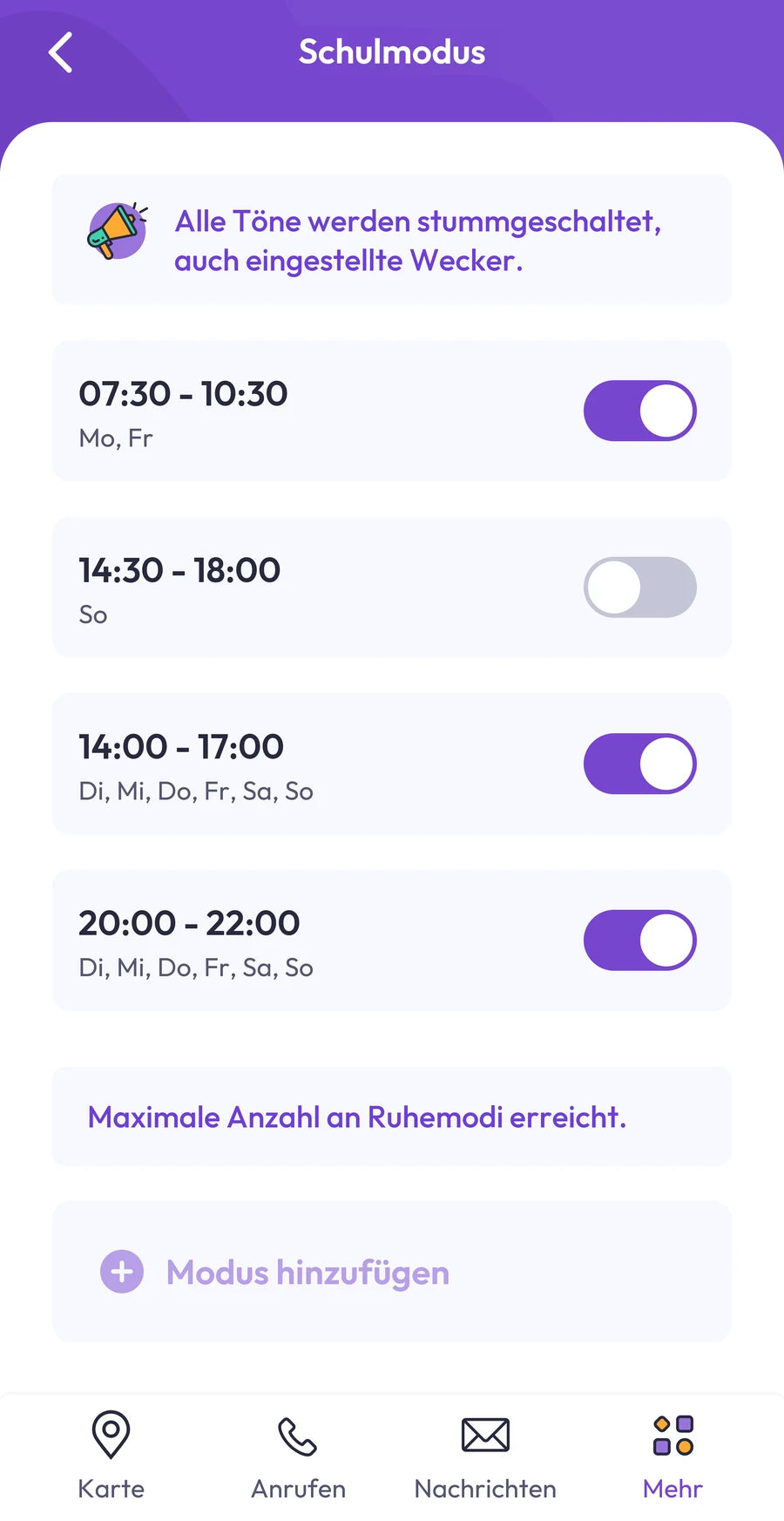Screenshot der App: Einstellung der Zeiten für den Schulmodus