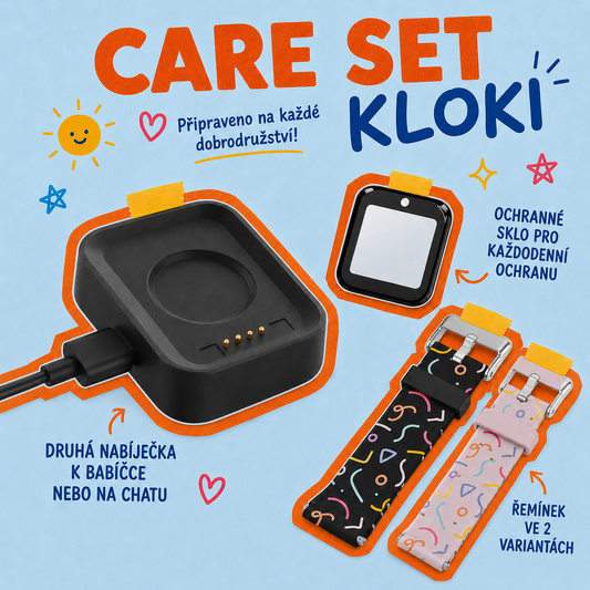 Sada KLOKI care: charging station, protective glass, and strap