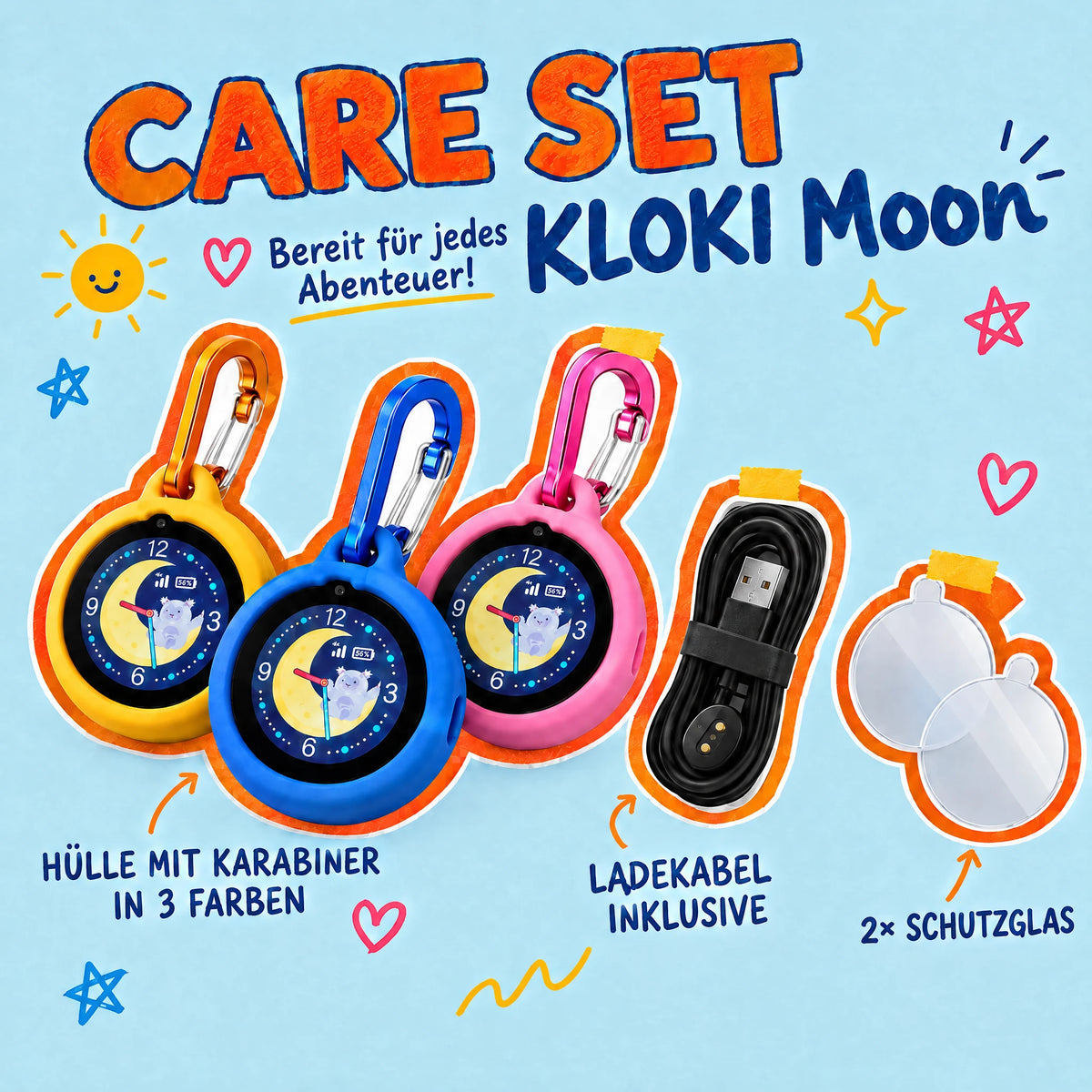 KLOKI Moon Care Set: Silikonhülle mit Karabiner in drei Farben, Ladekabel und 2× Schutzglas
