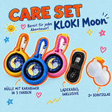 KLOKI Moon Care Set: Silikonhülle mit Karabiner in drei Farben, Ladekabel und 2× Schutzglas