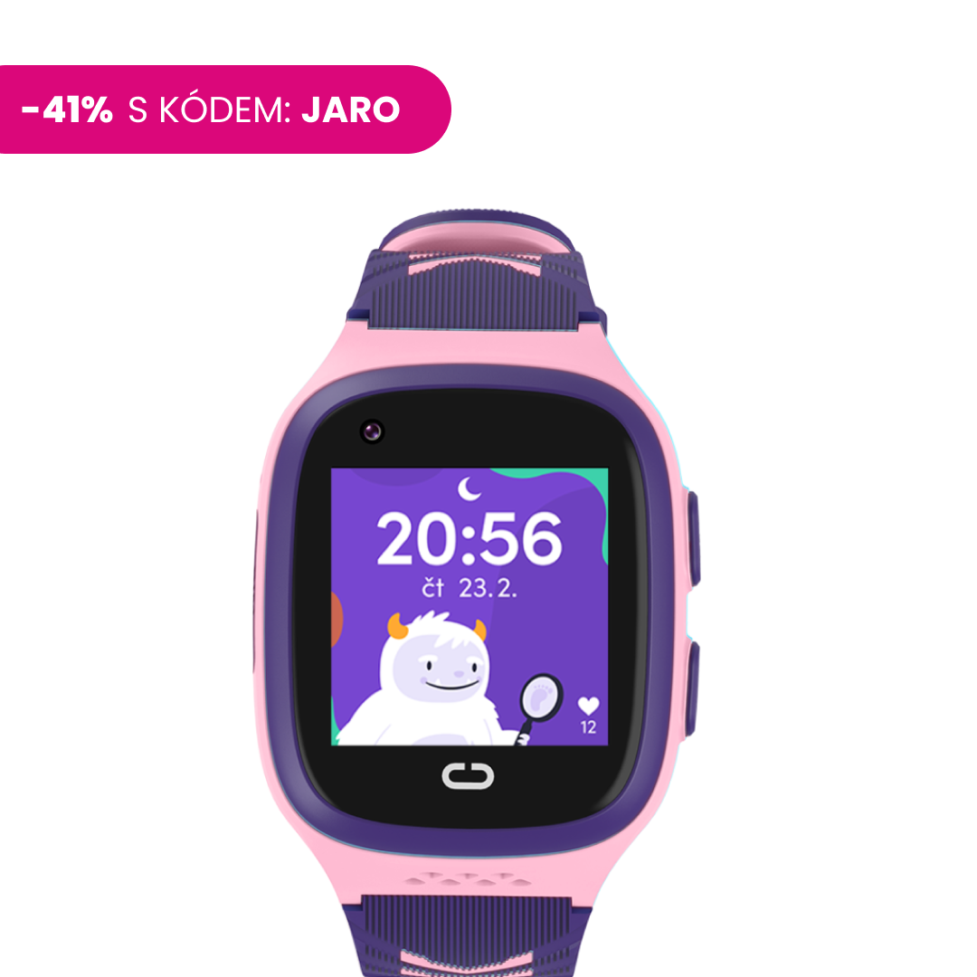Růžové dětské chytré hodinky KLOKI s animovaným ciferníkem a slevou 41 %. Zepředu.
