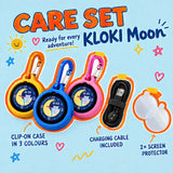 KLOKI Moon Care Set: silicone clip-on case with carabiner in three colours, charging cable and 2× screen protector