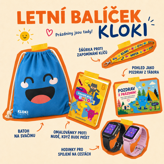 KLOKI Sommer-Bundle mit Kinder-GPS-Uhr, Turnbeutel, Malbuch, Schlüsselband und Ferienpostkarte 