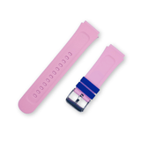 Světle růžový silikonový řemínek na chytré hodinky s tmavě modrými detaily a kovovou přezkou.