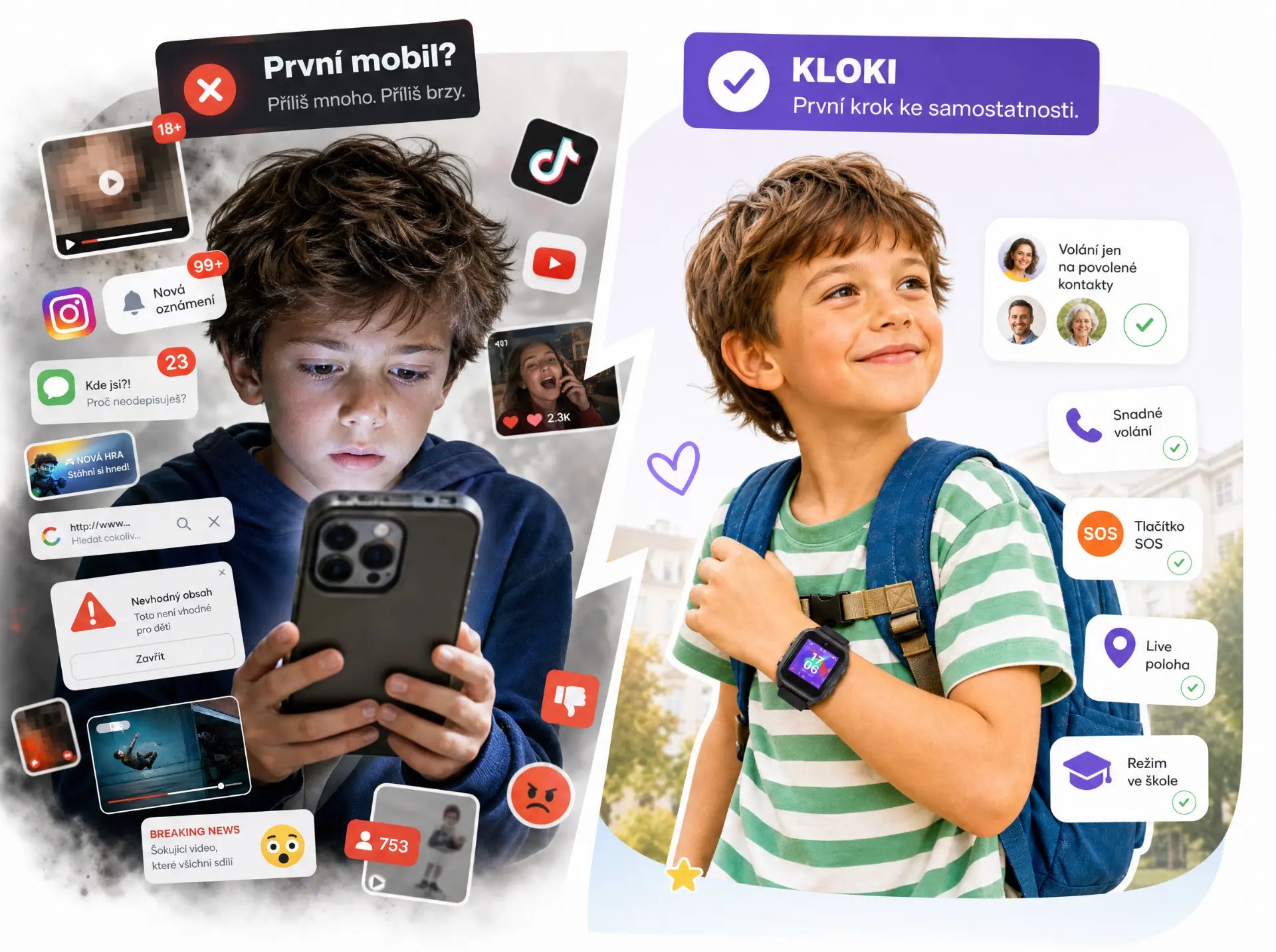 Comparison: a first phone brings too many risks, KLOKI is the first step towards independence
