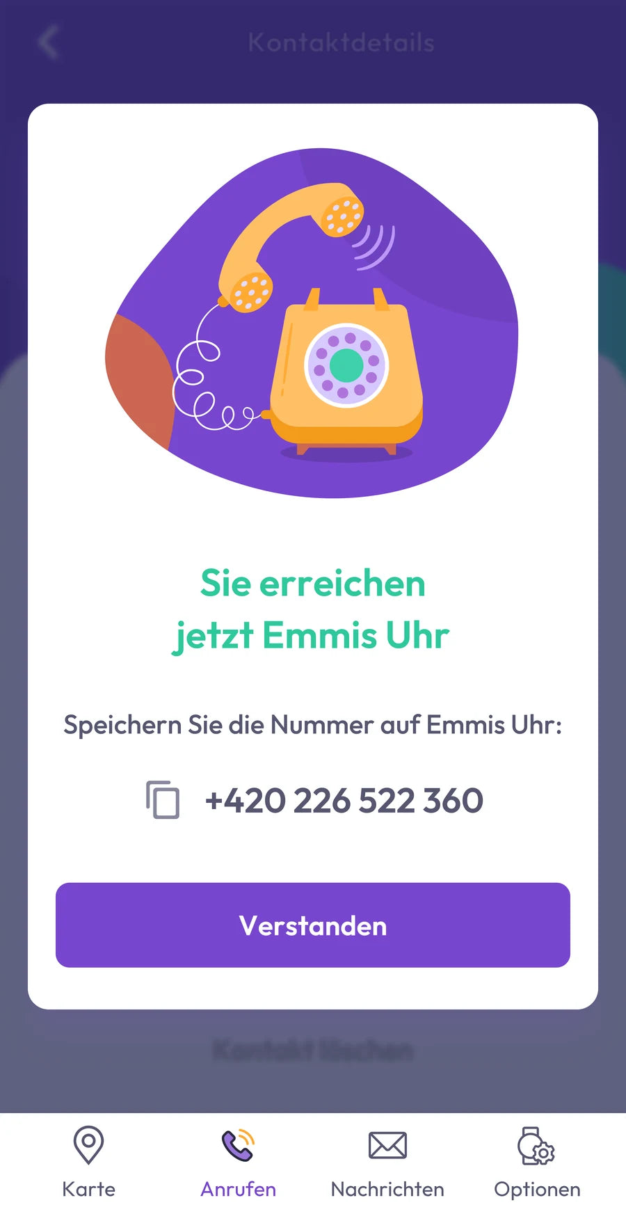 Screenshot der App: Detailansicht eines freigegebenen Kontakts mit der Nummer der Uhr