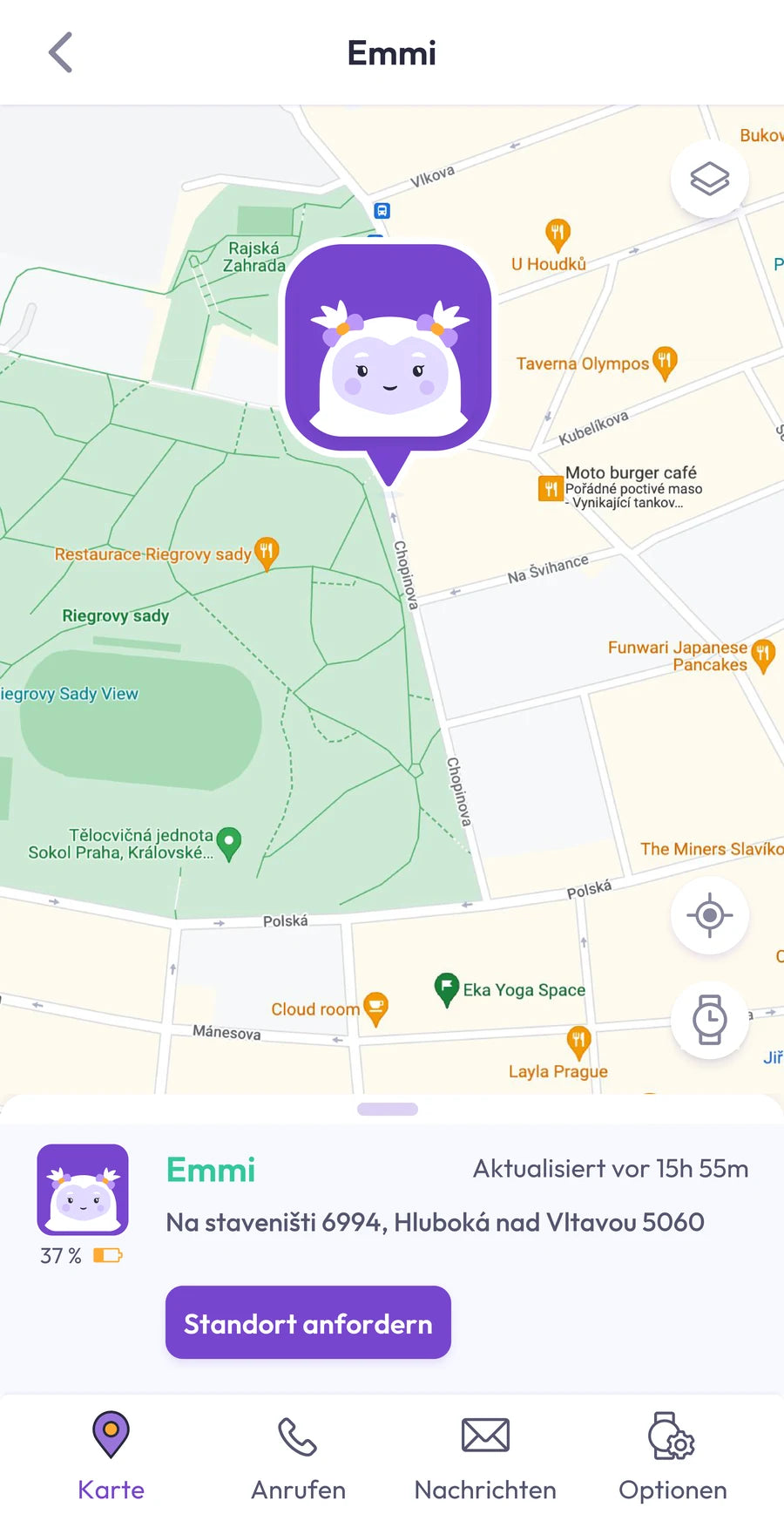 Screenshot der App: Karte mit dem Standort des Kindes und dem Zeitpunkt der letzten Aktualisierung
