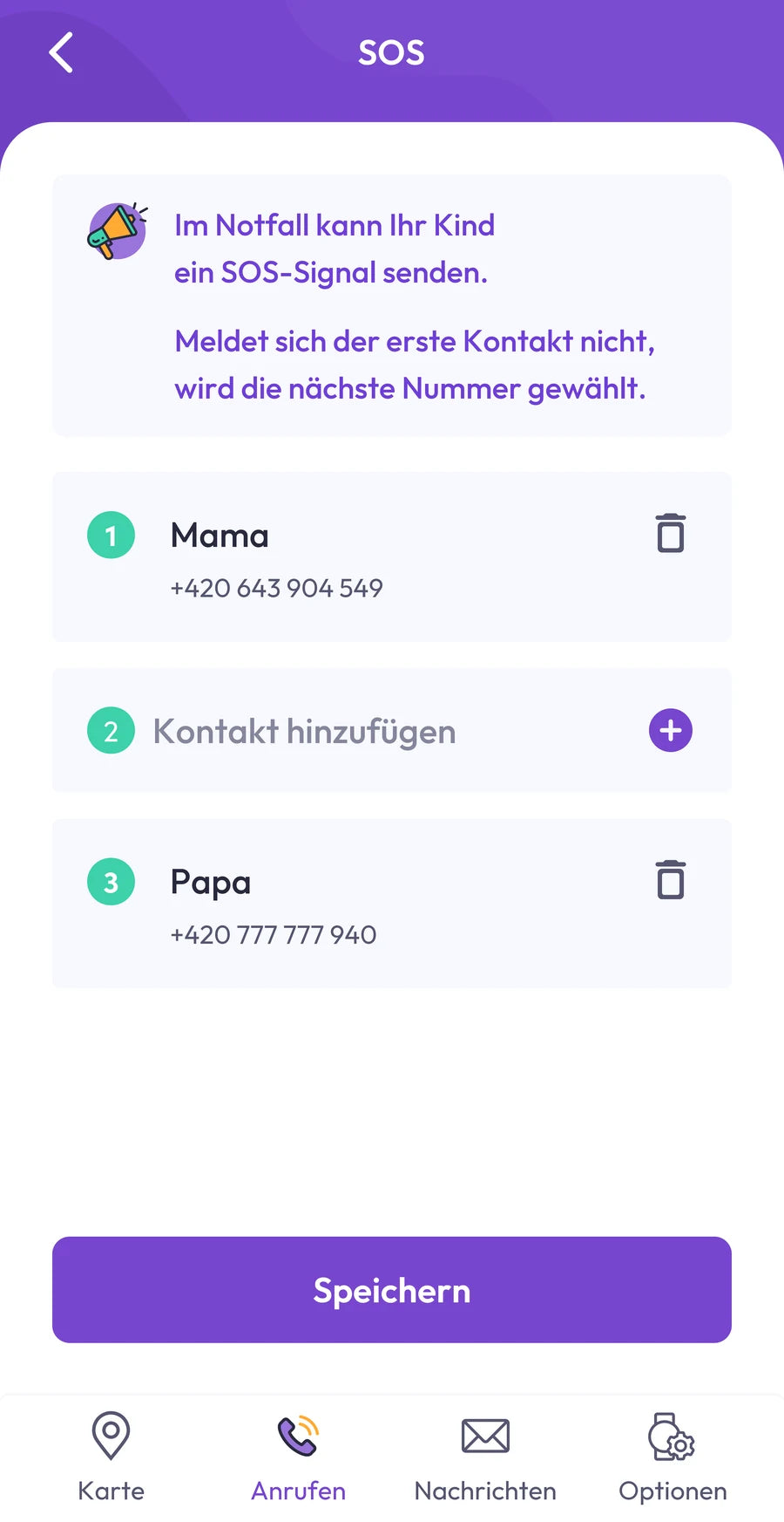 Screenshot der App: Reihenfolge der Kontakte für die SOS-Taste