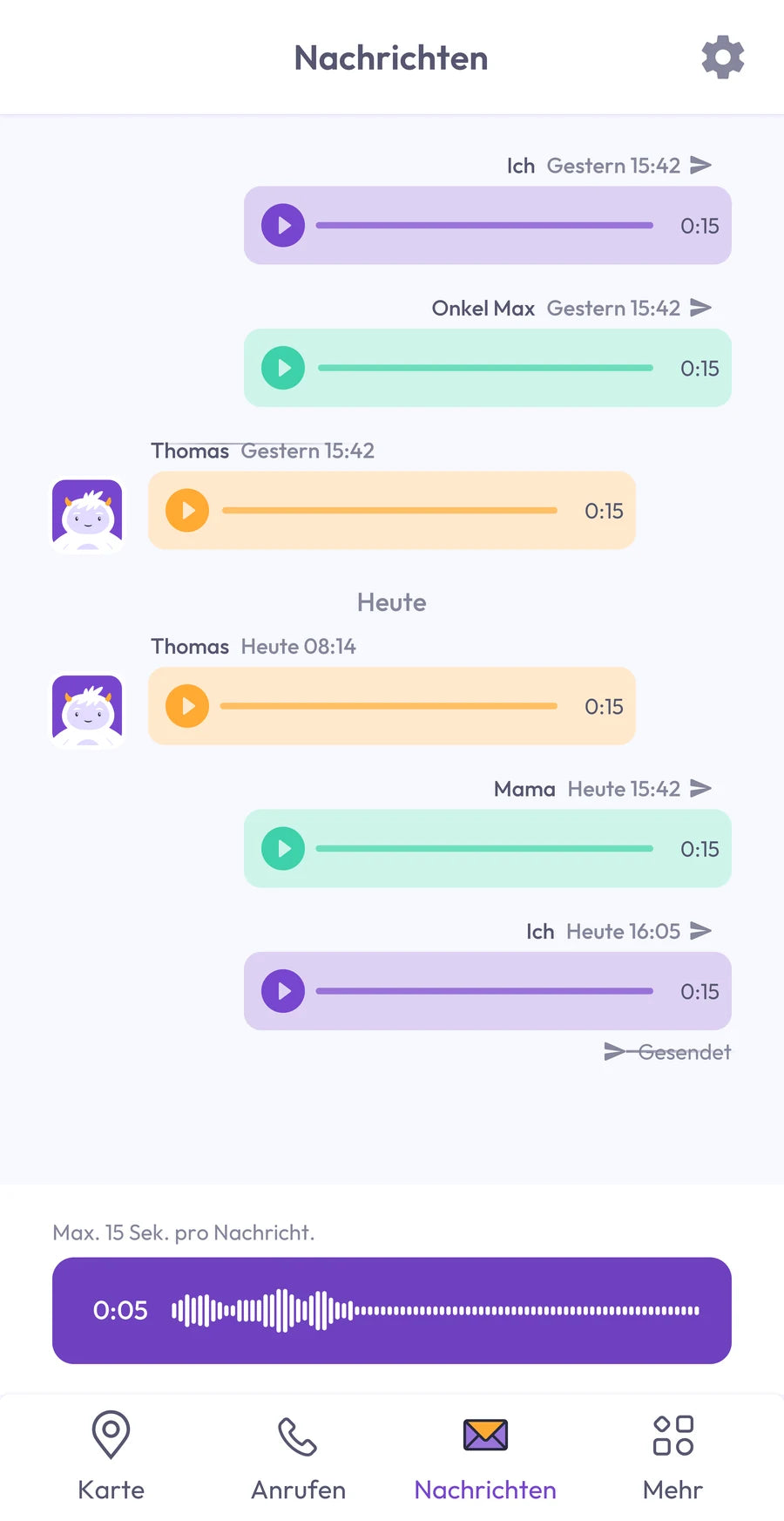 Screenshot der App: Familienchat mit Sprachnachrichten