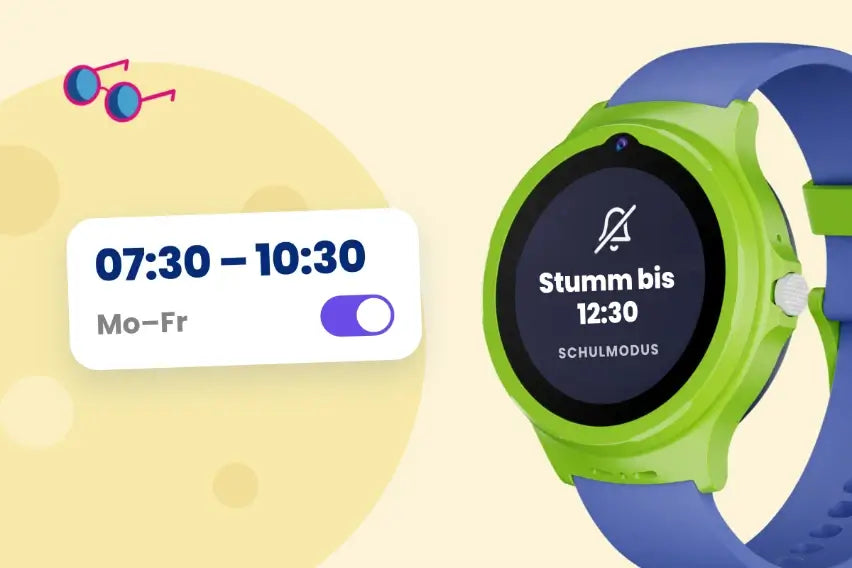 Schalter „8:00–12:30 Mo–Fr“ über dem Display mit dem Symbol für die Stummschaltung.
