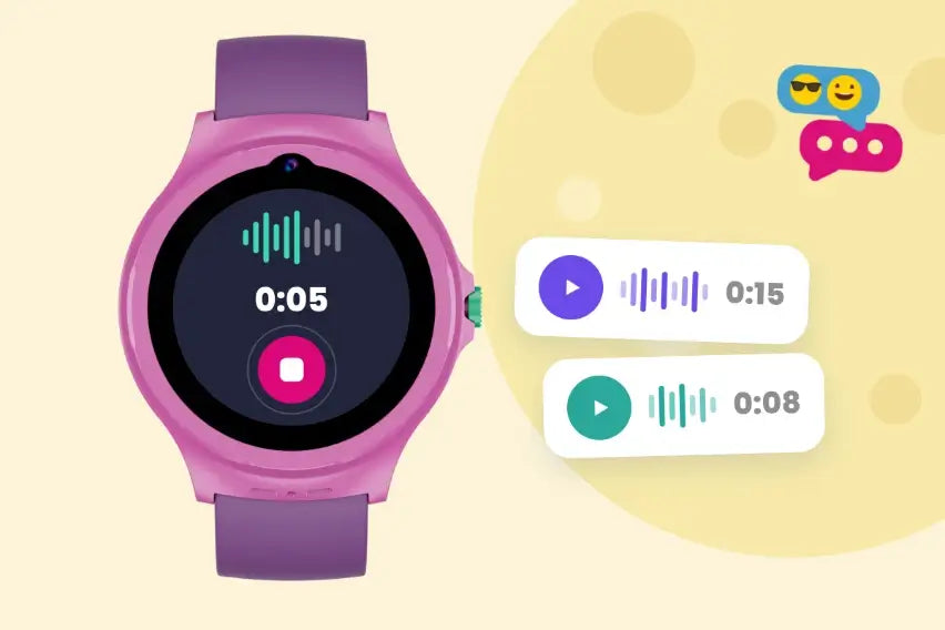 Kind hält die Taste an der Uhr gedrückt, daneben die Tonspur der Sprachnachricht und die Sprechblase in der App.